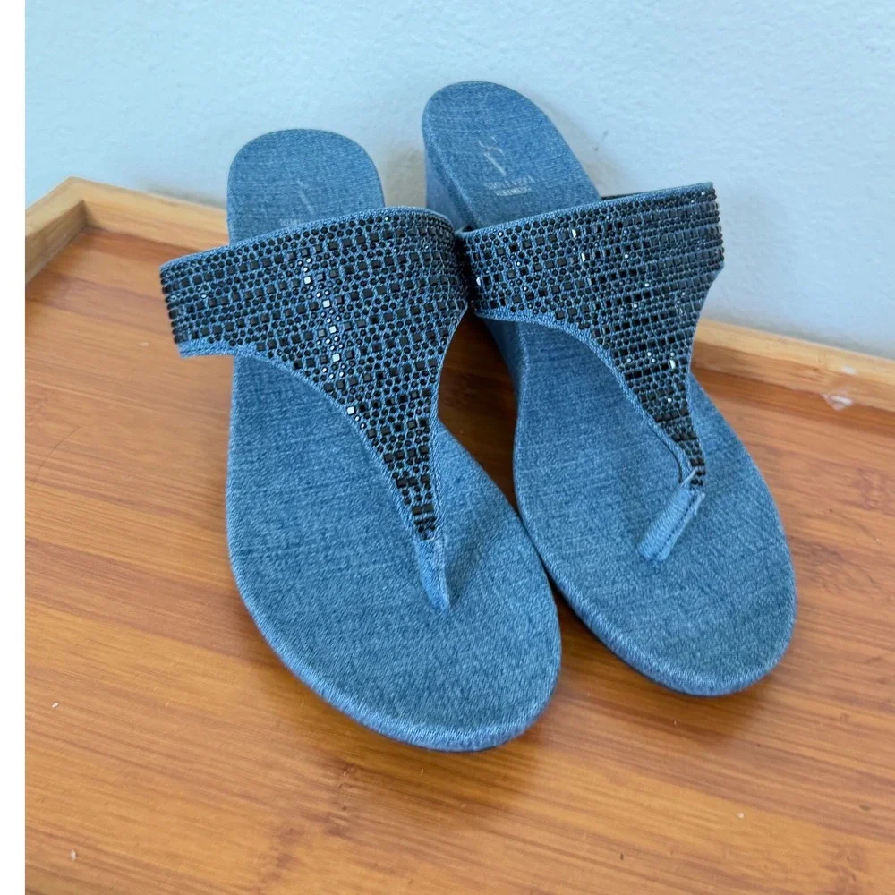 Simply Vera Vera Wang Blue Denim Rhinestone Wedge Sandals Slides Womens 8.5 M
